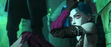 a cartoon character with blue hair and red eyes is sitting down with her hand on her face .