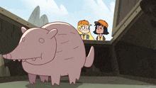 a cartoon drawing of a pig and two people