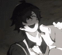 a black and white drawing of a person laughing with their tongue out