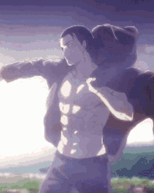 a man without a shirt is standing in a field .