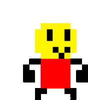 a pixel art drawing of a yellow smiley face wearing a red and black shirt .