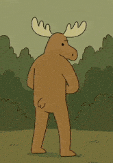 a cartoon moose salutes while standing in a field of grass
