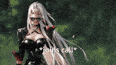 a picture of a woman with long white hair and the words " joins call " on the bottom