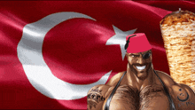 a man in a red hat holds a kebab in front of a turkish flag