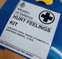 a ministry of defence hurt feelings kit contains facial tissues tampons and worthers original 1x hug