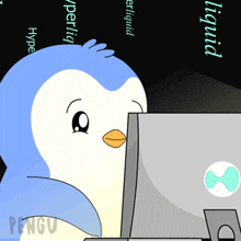 a cartoon of a penguin looking at a laptop with the word liquid behind him