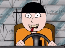 a cartoon of a man driving a truck with boxes of hexport hay behind him