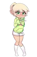 a girl with blonde hair and green eyes is wearing a green hoodie and shorts