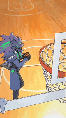 a cartoon drawing of a monster dunking a basketball into a hoop