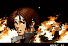 a video game screen shows a man with a bandage on his head and the words insert coin