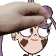 a hand is holding a donut over a cartoon girl 's head .