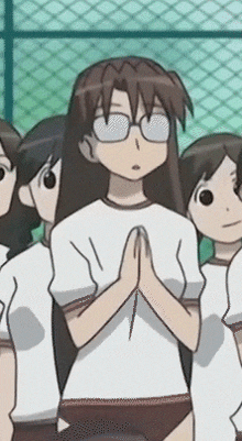 a group of anime girls are standing next to each other with their hands folded .