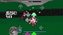 a cartoon character is playing a video game with arrows pointing in opposite directions .