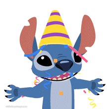 an illustration of stitch wearing a yellow party hat