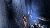 a robot with a red and white shield is flying through a dark tunnel