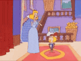 a cartoon of a woman in a blue dress talking to a man