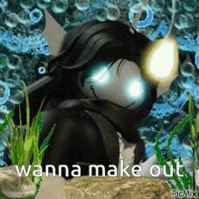 a picture of a cartoon character with the words wanna make out below it
