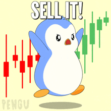 a cartoon penguin says sell it in front of a graph