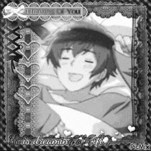 a black and white photo of a boy with the words " he is dreaming of fifi "