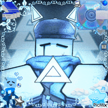 a drawing of a person with a hat and a triangle on their shirt