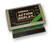 a amiga action replay cartridge with a green stripe