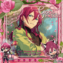 a picture of a boy with long red hair and the words good morning dear friend