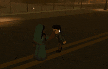 a girl in a blue dress is standing next to a boy