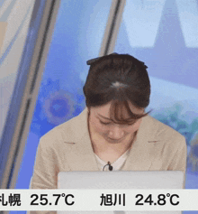 a woman sitting in front of a laptop with the temperature reading 25.7 degrees celcius