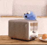 a blue stuffed animal sitting on top of a toaster