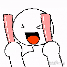 a pixel art drawing of a white rabbit with a red tongue