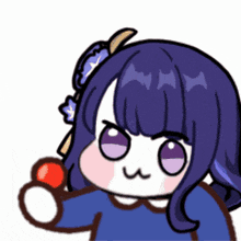 a cartoon of a girl with purple hair is holding a red ball .