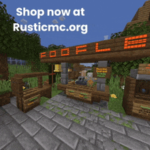 a sign that says shop now at rusticmc.org shows a minecraft scene