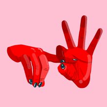 a pair of red hands with black nails on a pink background making a peace sign