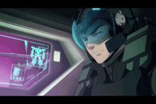 a cartoon of a man in a helmet looking at a screen with a robot displayed on it