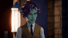 a man with green hair and purple hair is wearing a suit and tie and making a funny face .