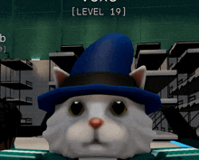 a white cat wearing a blue top hat with level 19 written on the bottom