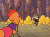 a cartoon of a bug and a man in a hat standing next to each other