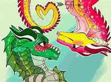 a green dragon and a pink dragon are looking at each other with a heart in their mouths .