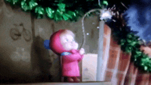a little girl in a pink coat blowing bubbles
