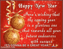 a happy new year greeting card with two christmas balls
