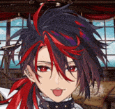 a close up of a person with red and black hair