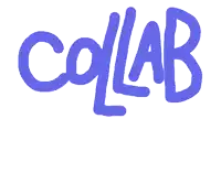 the word collab is written in blue with a smile