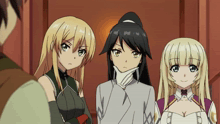 three anime girls are standing next to each other and one has her hand on her chin