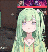 a girl with green hair and purple eyes stands in front of a screen that says 23 50