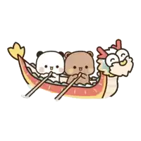three cartoon bears are rowing a dragon boat .