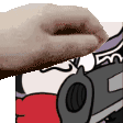 a close up of a cartoon character 's face with a hand holding a gun .