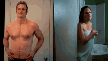 a man without a shirt and a woman wrapped in a towel in a bathroom