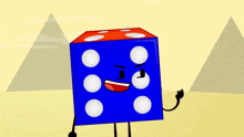 a blue dice with white dots and a face
