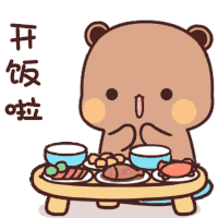 a cartoon bear is sitting at a table with food and drinks