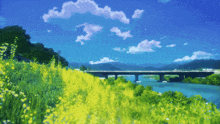 a painting of a bridge over a river with flowers in the foreground